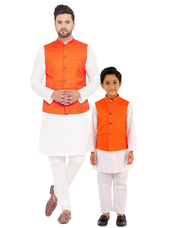 Jashvi Orange Nehru Jacket And White Kurta Pyjama Baap Beta Set