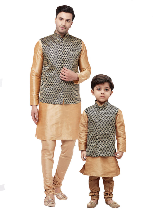 Jashvi Silk Blend Black and Gold Baap Beta Jacket Kurta Pyjama Set