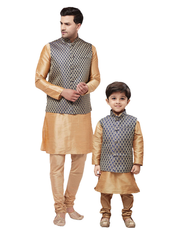 Jashvi Silk Blend Blue and Gold Baap Beta Jacket Kurta Pyjama Set