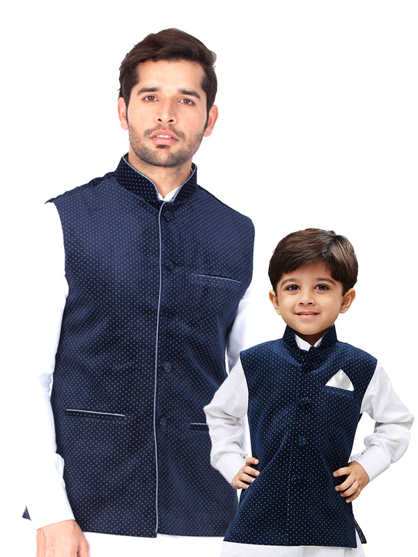 Jashvi Velvet Navy Blue Color Baap Beta Ethnic Jacket