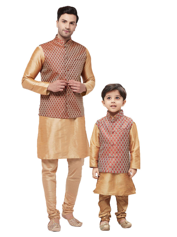 Jashvi Silk Blend Maroon and Gold Baap Beta Jacket Kurta Pyjama Set