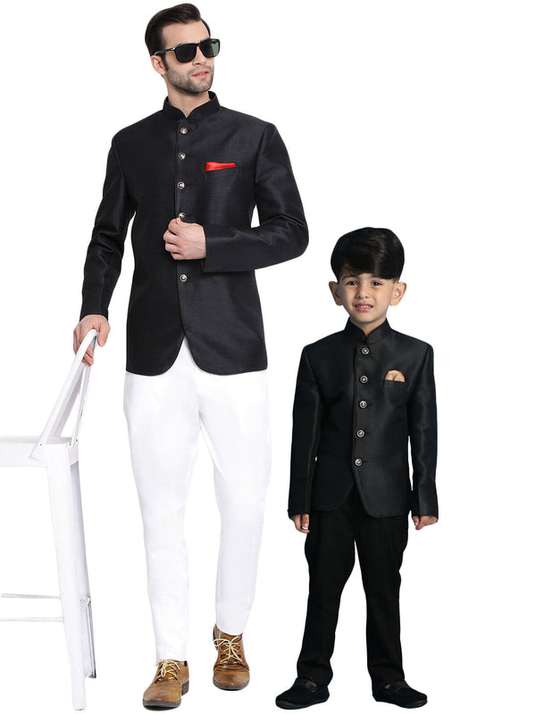 Jashvi Black Silk Blend Jodhpuri Baap Beta Set