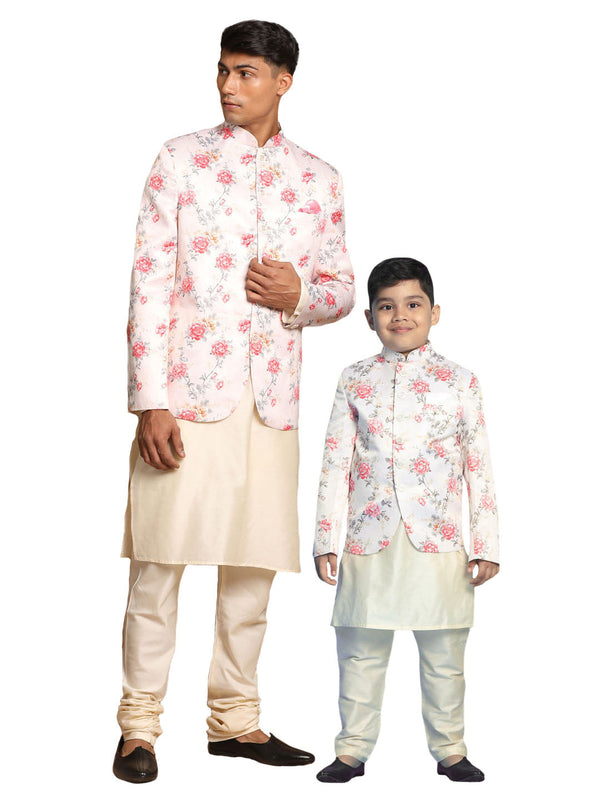 Jashvi Baap Beta Peach Floral Print Jodhpuri With Cream Solid Kurta And Pyjama Set.