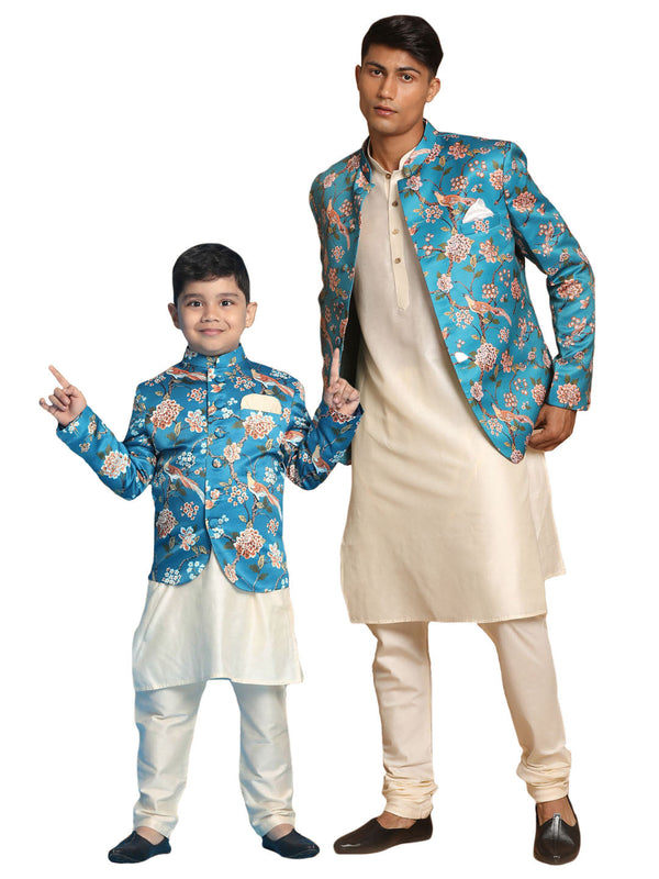 Jashvi Baap Beta Turquoise Floral Print Jodhpuri With Cream Solid Kurta And Pyjama Set.