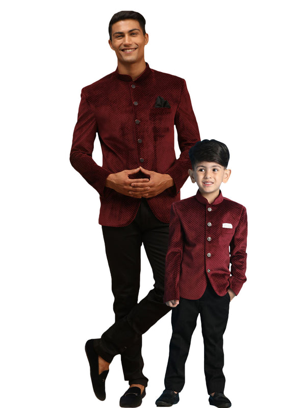 Jashvi Maroon Polka Dot Printed Velvet Jodhpuri Baap beta Set