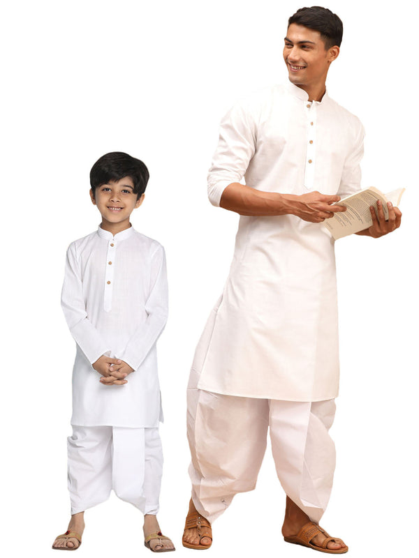 Jashvi White Cotton Baap Beta Kurta Dhoti Set