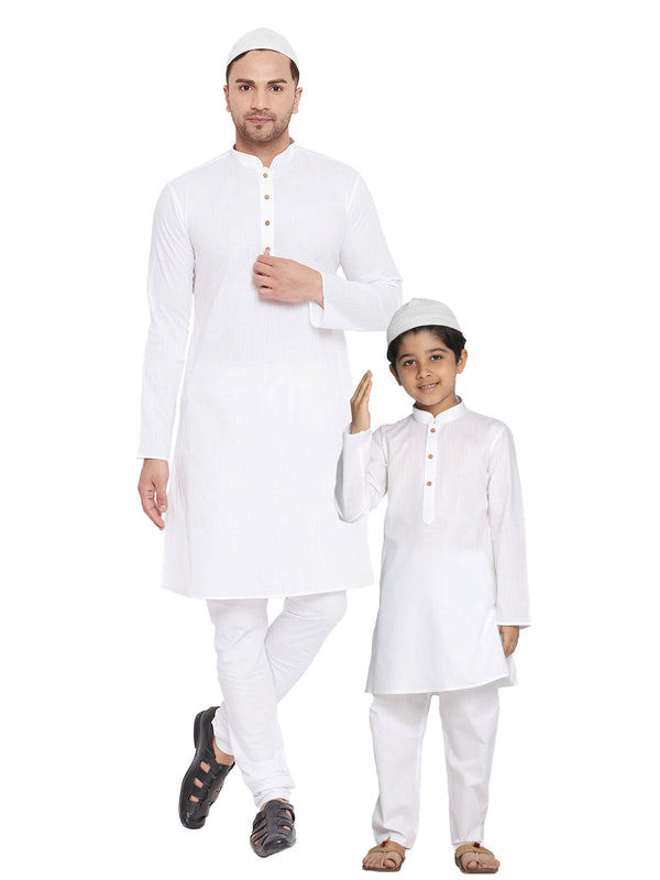 Jashvi White Cotton  Baap Beta Kurta Pyjama Set