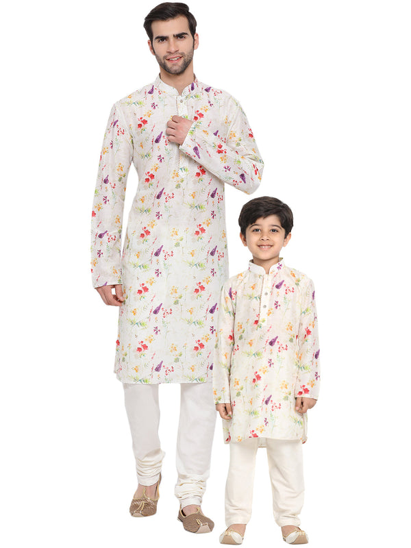 Jashvi Cotton Blend Multicolor-Base-Cream Baap Beta Kurta Pyjama Set