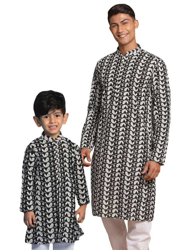 Jashvi Black Pure Cotton Chikankari Kurta Baap Beta Set