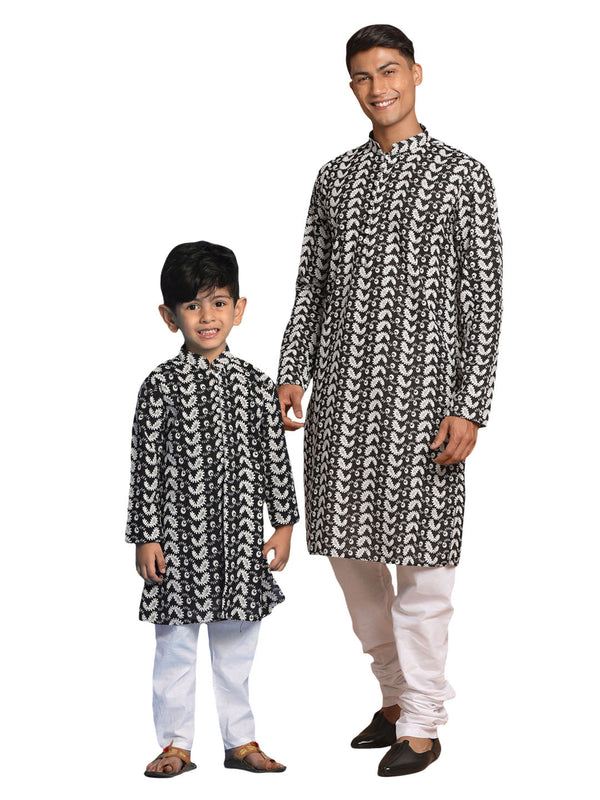 Jashvi Black Pure Cotton Chikankari Baap Beta Kurta Pyjama Set