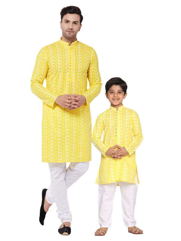 Jashvi Mustard Pure Cotton Chikankari Kurta Pyjama Baap Beta