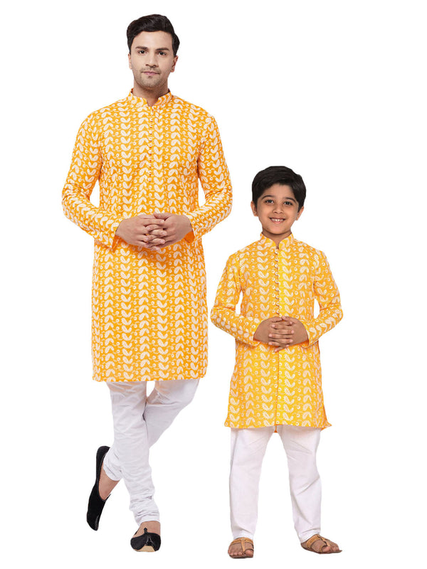 Jashvi Orange Pure Cotton Chikankari Kurta Pyjama Baap Beta