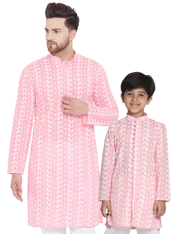 Jashvi Pink Pure Cotton Chikankari Kurta Blend Baap Beta Set