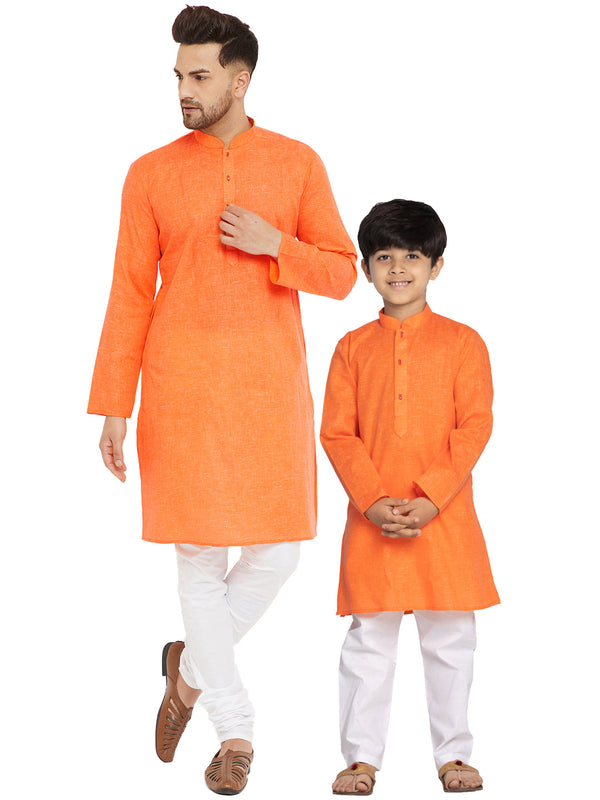 Jashvi Orange And White Baap Beta Kurta And Pyjama Set