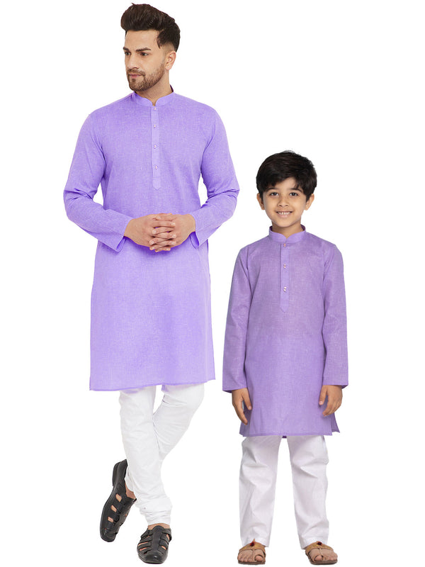 Jashvi Purple And White Baap Beta Kurta And Pyjama Set