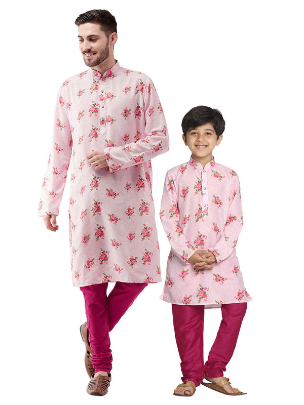 Jashvi Multicolor-Base-Pink Muslin Blend Baap Beta Kurta Pyjama Set