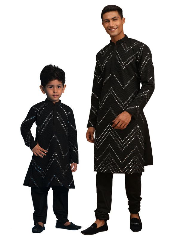 Jashvi Baap Beta Mirror Black Kurta Pyjama Set