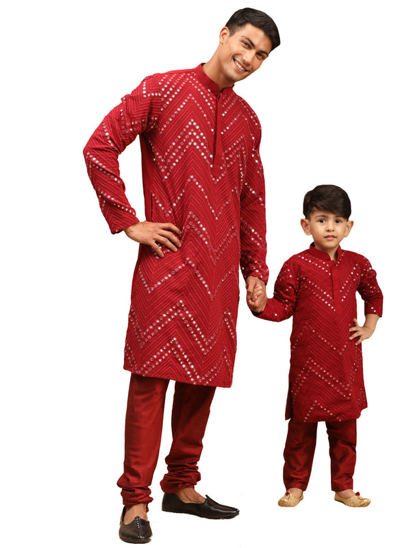 Jashvi Baap Beta Mirror Maroon Kurta Pyjama Set