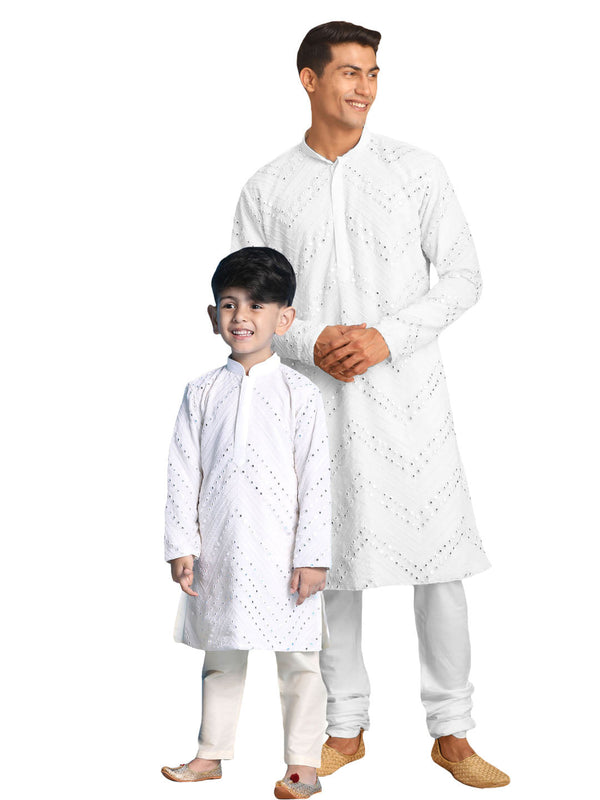 Jashvi Baap Beta Mirror White Kurta Pyjama Set