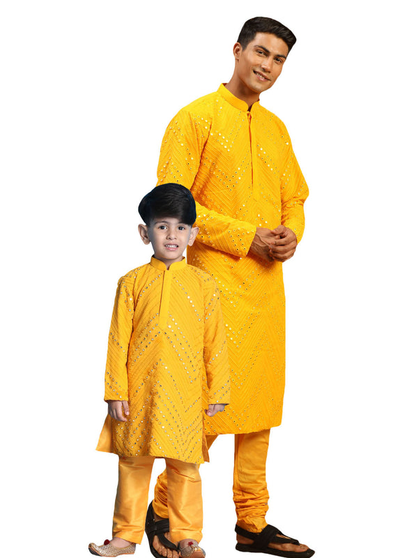 Jashvi Baap Beta Yellow Mirror Kurta Pyjama Set