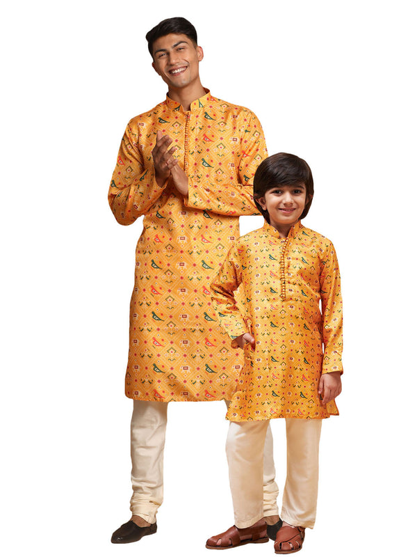 Jashvi yellow Ethnic printed Silk Blend Kurta Pyjama baap Beta Set