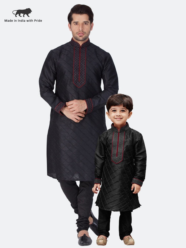 Jashvi Men and Boys Black Cotton Silk Kurta and Pyjama Set