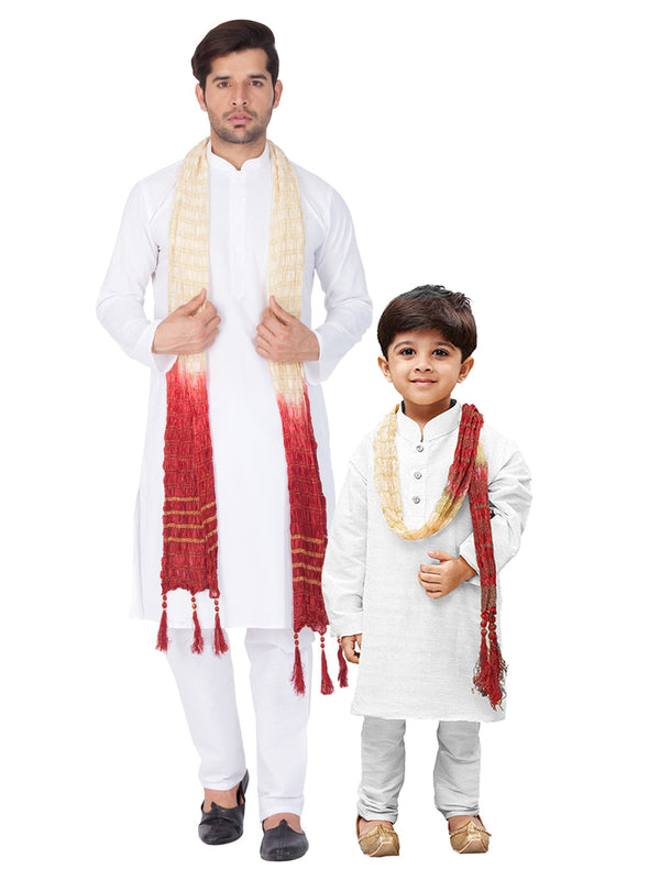 Jashvi Pure Cotton White Baap Beta Kurta Pyjama And Dupatta Set