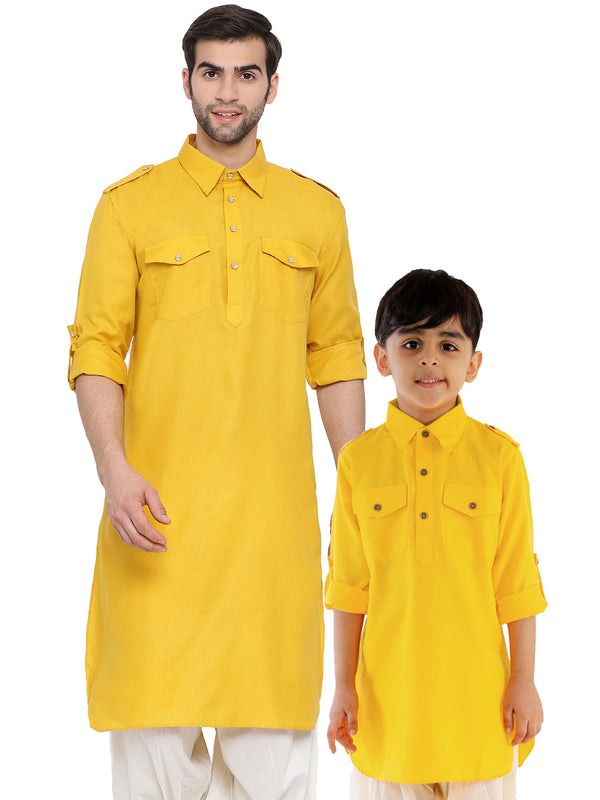 Jashvi Yellow Cotton Blend Baap Beta Pathani Kurta