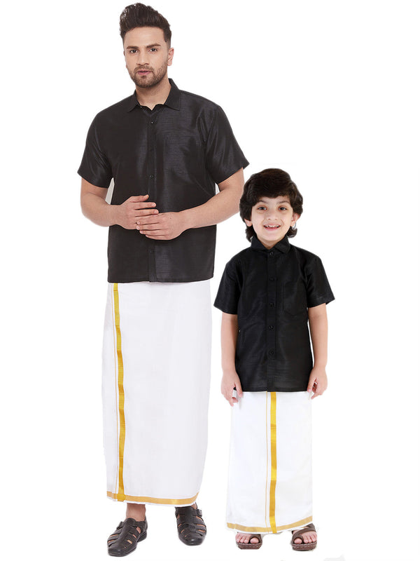 Jashvi Men's & Boys Black Solid Silk Blend Half Sleeve Ethnic Shirt And Mundu Set