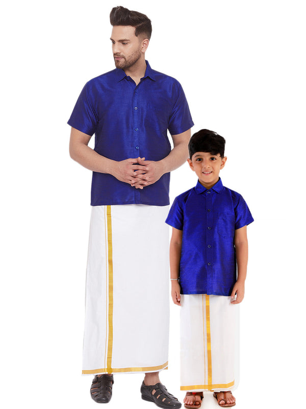 Jashvi Men's & Boys Blue Solid Silk Blend Half Sleeve Ethnic Shirt And Mundu Set