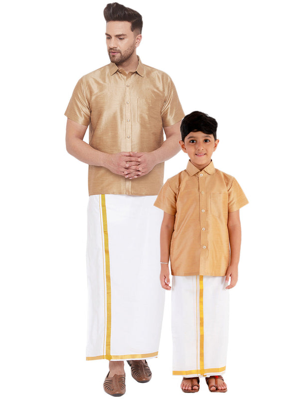 Jashvi Men's & Boys Rose Gold Solid Silk Blend Half Sleeve Ethnic Shirt And Mundu Set