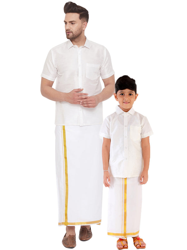 Jashvi Men's & Boys White Solid Silk Blend Half Sleeve Ethnic Shirt And Mundu Set