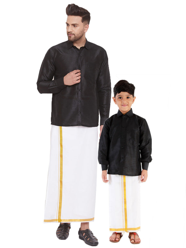 Jashvi Men's & Boys Black Solid Silk Blend Full Sleeve Ethnic Shirt And Mundu Set