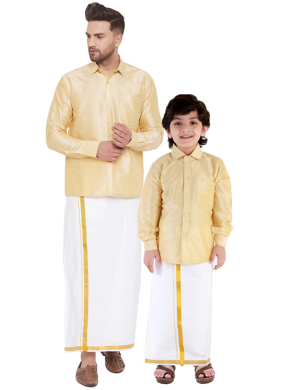 Jashvi Men's & Boys Gold Solid Silk Blend Full Sleeve Ethnic Shirt And Mundu Set