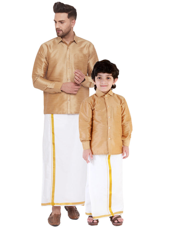 Jashvi Men's & Boys Rose Gold Solid Silk Blend Full Sleeve Ethnic Shirt And Mundu Set