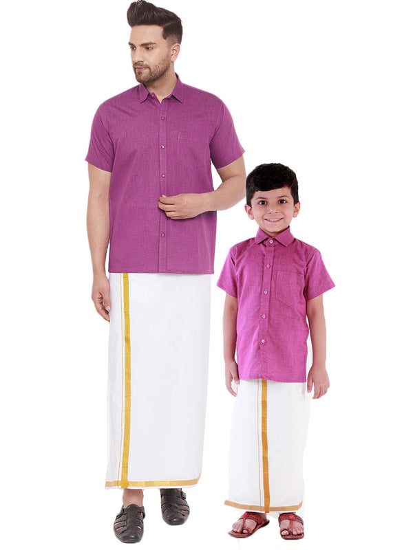 Jashvi Men's & Boys Pink Solid Cotton Blend Half Sleeve Ethnic Shirt And Mundu Set