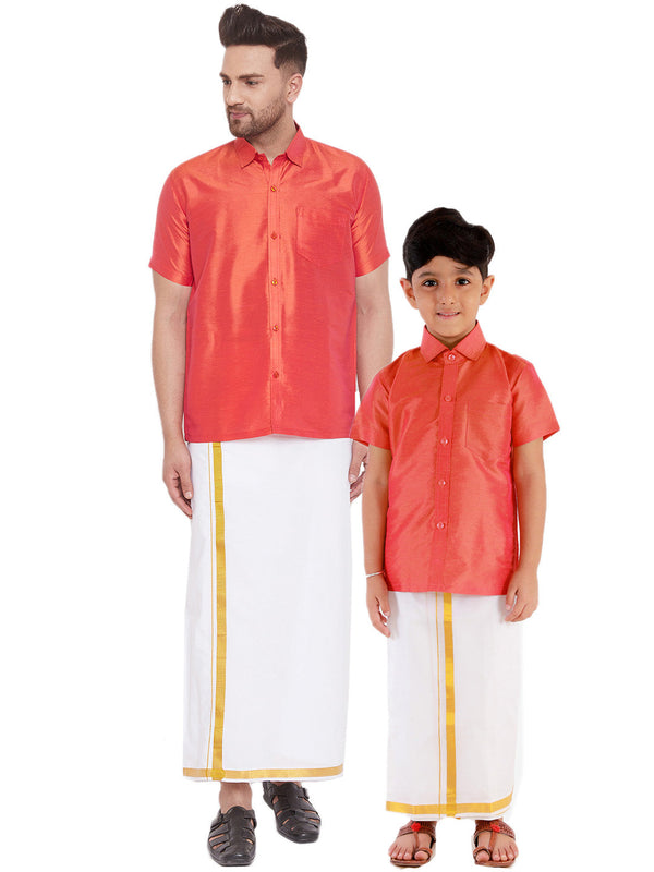 Jashvi Men's & Boys Red Solid Silk Blend Half Sleeve Ethnic Shirt And Mundu Set