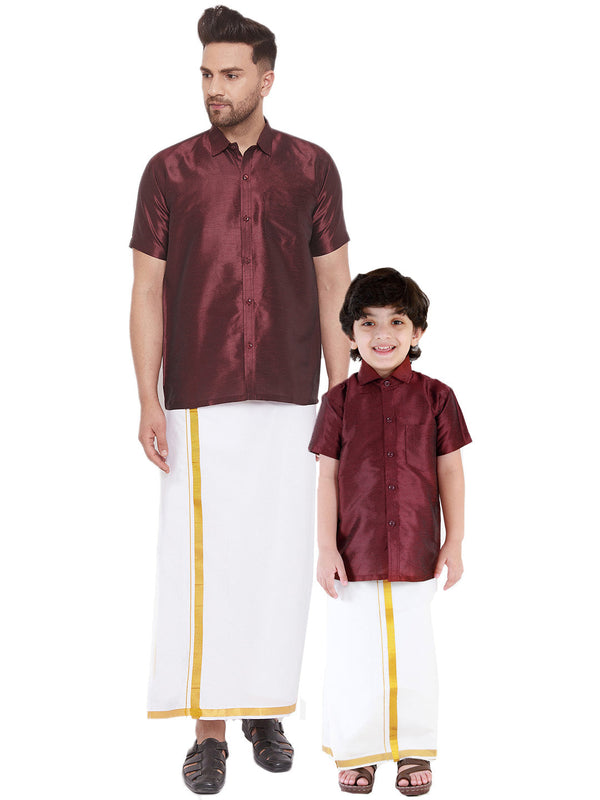 Jashvi Men's & Boys Wine Solid Silk Blend Half Sleeve Ethnic Shirt And Mundu Set