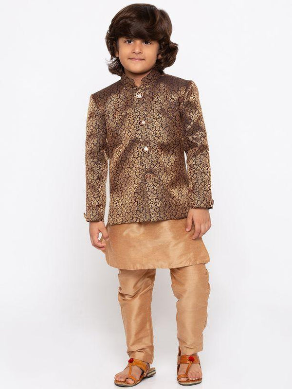 Jashvi Boys' Brown Cotton Silk Sherwani and Churidar Set