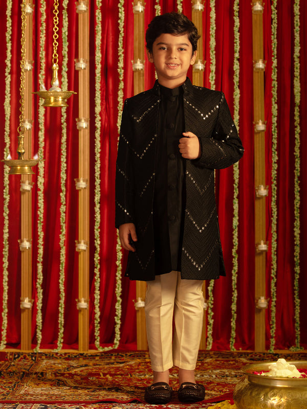 Jashvi Boys' Black And Cream Ethnic Mirror Combo Set