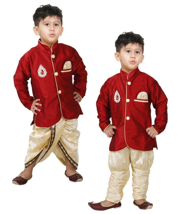 Boys' Maroon Cotton Silk Kurta and Pyjama Set