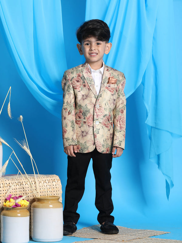 Jashvi Boy's Beige Silk Blend Floral Print Blazer