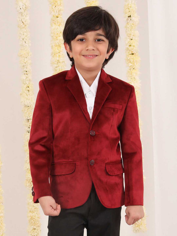 Jashvi Boy's Maroon Velvet Blazer