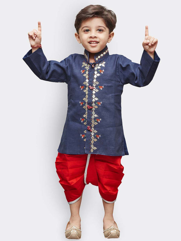 Jashvi Boys' Blue Linen Kurta and Dhoti Pant Set