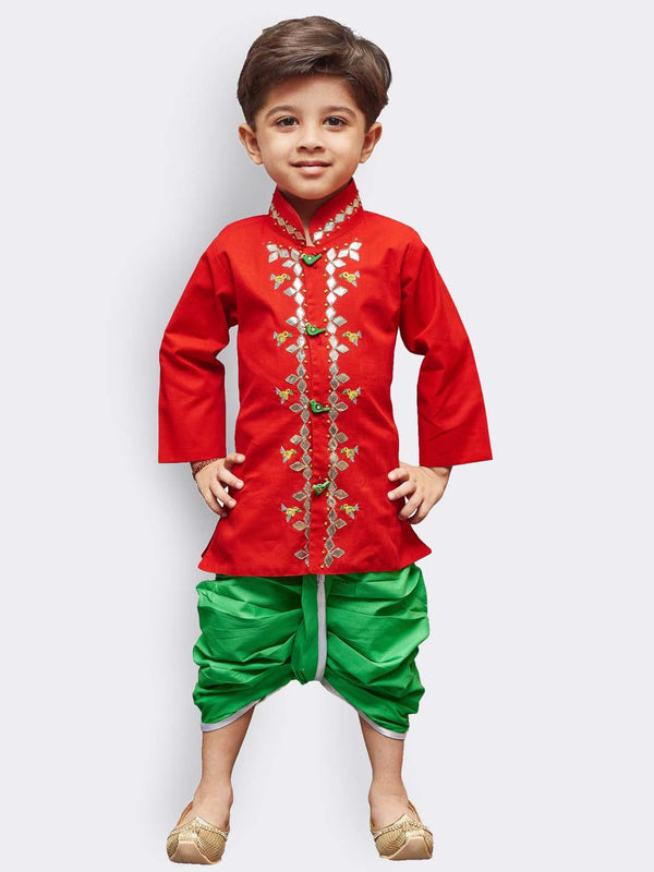 Jashvi Boys' Red Linen Kurta and Dhoti Pant Set