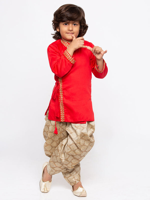 Jashvi Boys' Red Cotton Kurta and Dhoti Pant Set