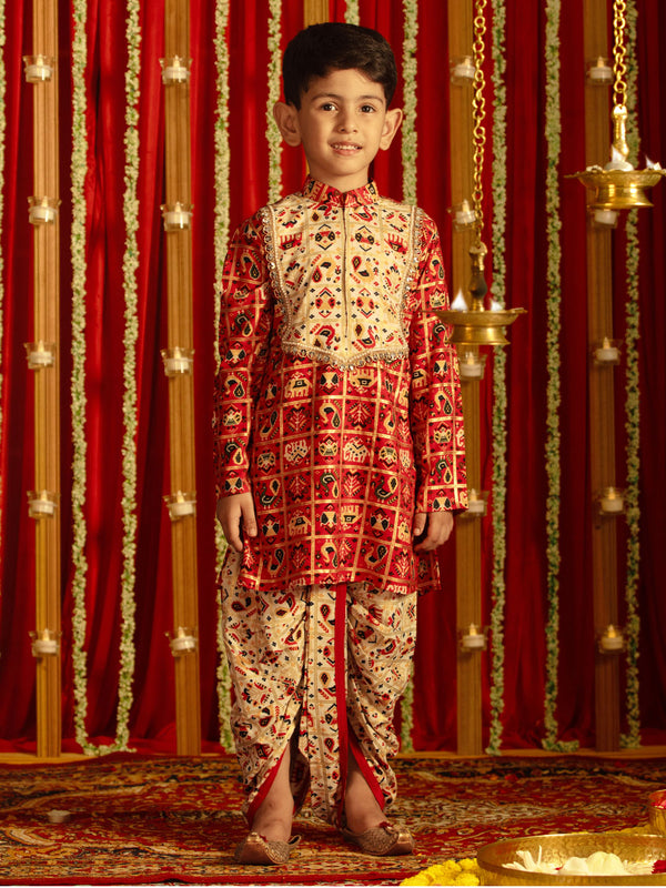 Jashvi Boys' Red And Cream Patola Print Ethnic Kurta And Dhoti Set