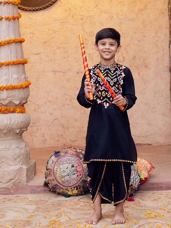 Jashvi Boys' Black Navratri Special Embroidered Dhoti Kurta Set