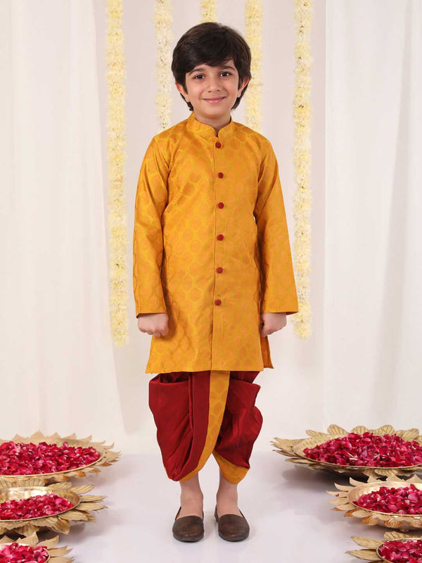 Jashvi Boys' Yellow And Maroon Ethnic Jacquard Kurta Dhoti Set