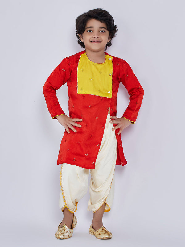 Jashvi Infant Boys' Red And Cream Silk Blend Kurta and Dhoti Set